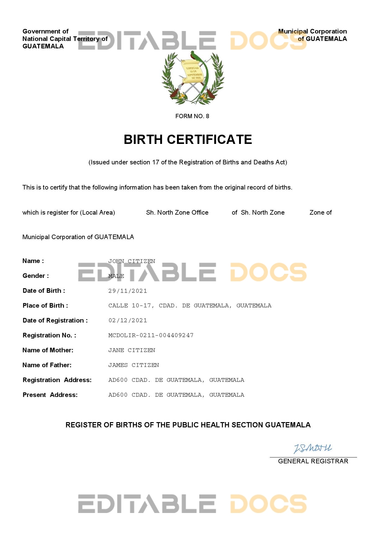 Authentic Guatemala Birth Certificate Template | Customize and Download Online