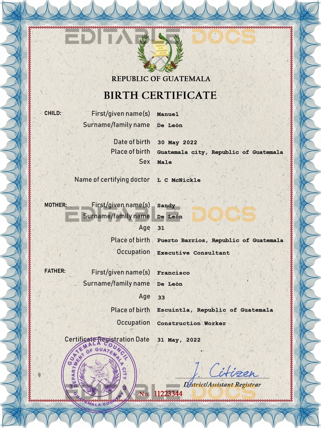Authentic Guatemala Birth Certificate Template | Customize and Download Online