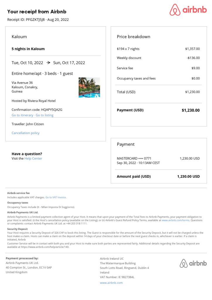 Editable Guinea Hotel Booking Form Template | Fillable PDF
