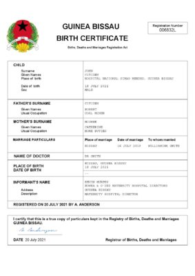 Guinea Bissau birth certificate Word and PDF template, completely editable