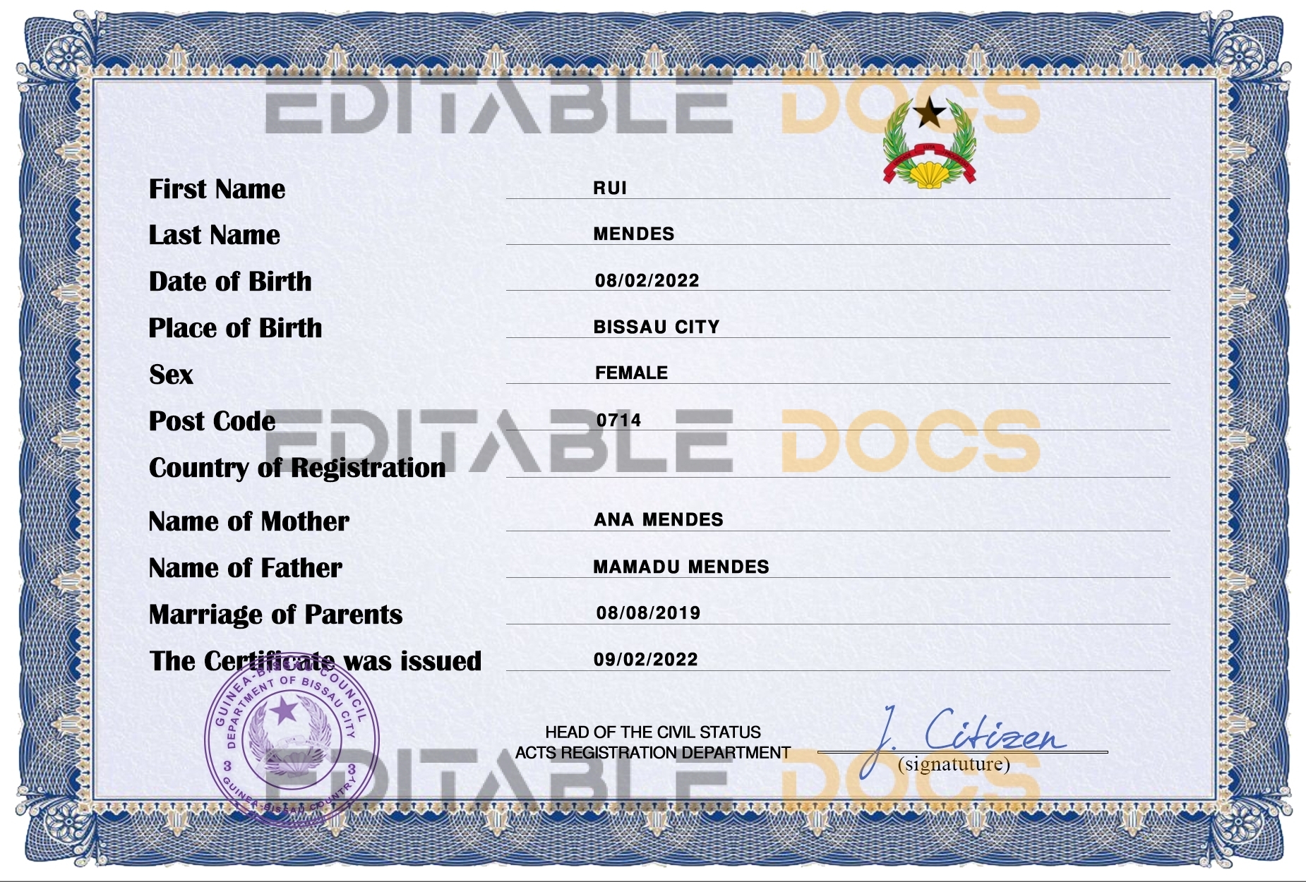 Authentic Guinea-Bissau Birth Certificate Template | Customize and Download Online