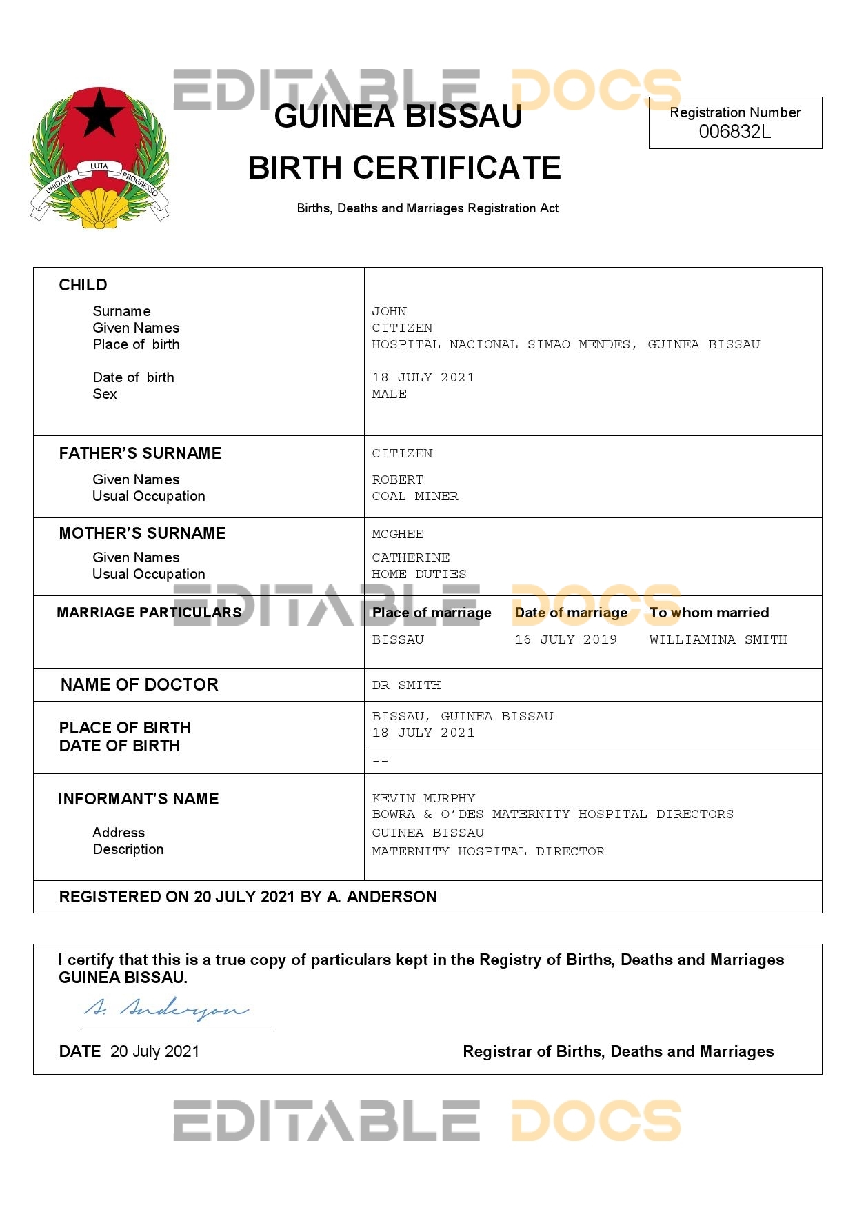 Authentic Guinea Bissau Birth Certificate Template | Customize and Download Online