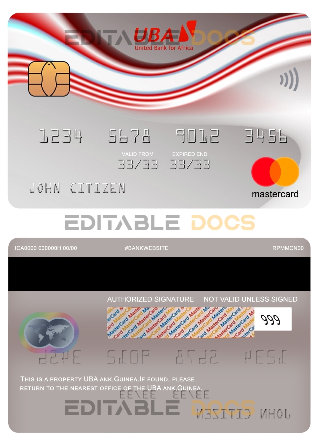 Editable Guinea UBA bank mastercard Templates in PSD Format