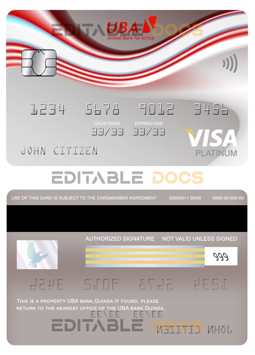 Editable Guinea UBA bank visa platinum card Templates in PSD Format