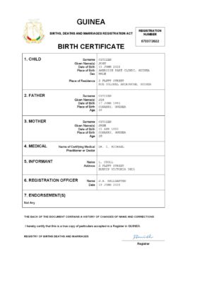 Guinea vital record birth certificate Word and PDF template, completely editable