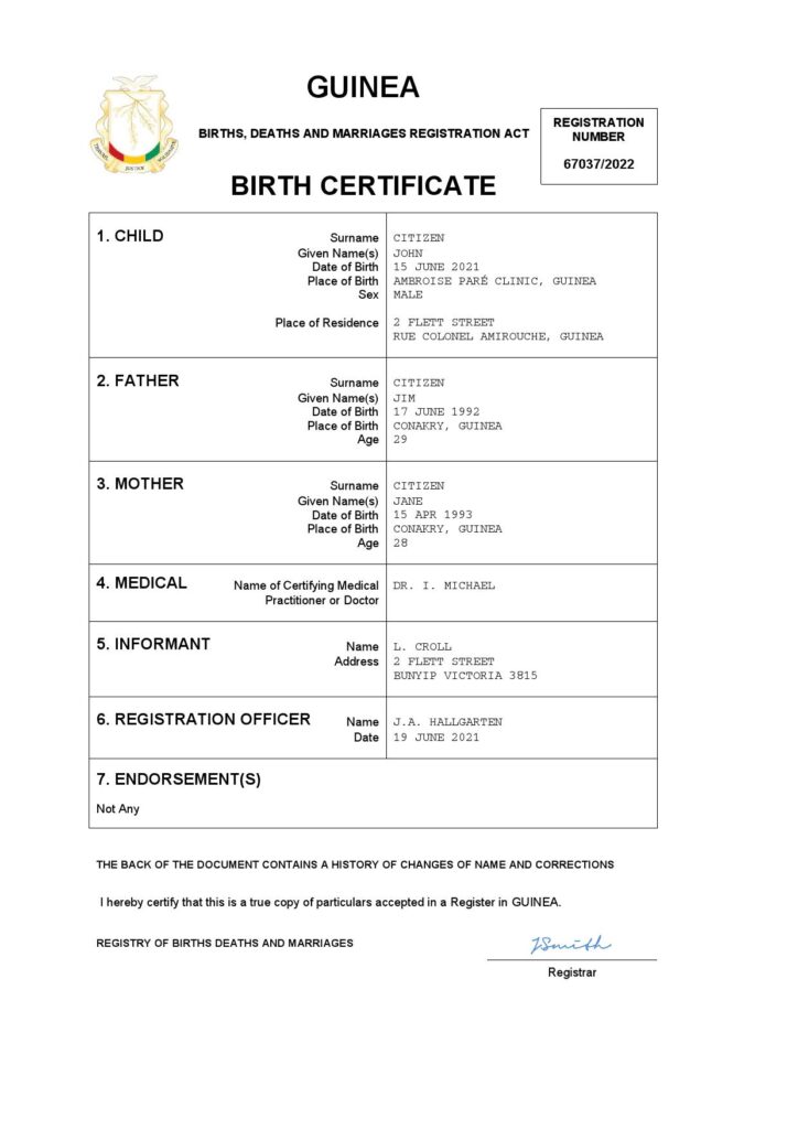 Guinea vital record birth certificate Word and PDF template, completely editable