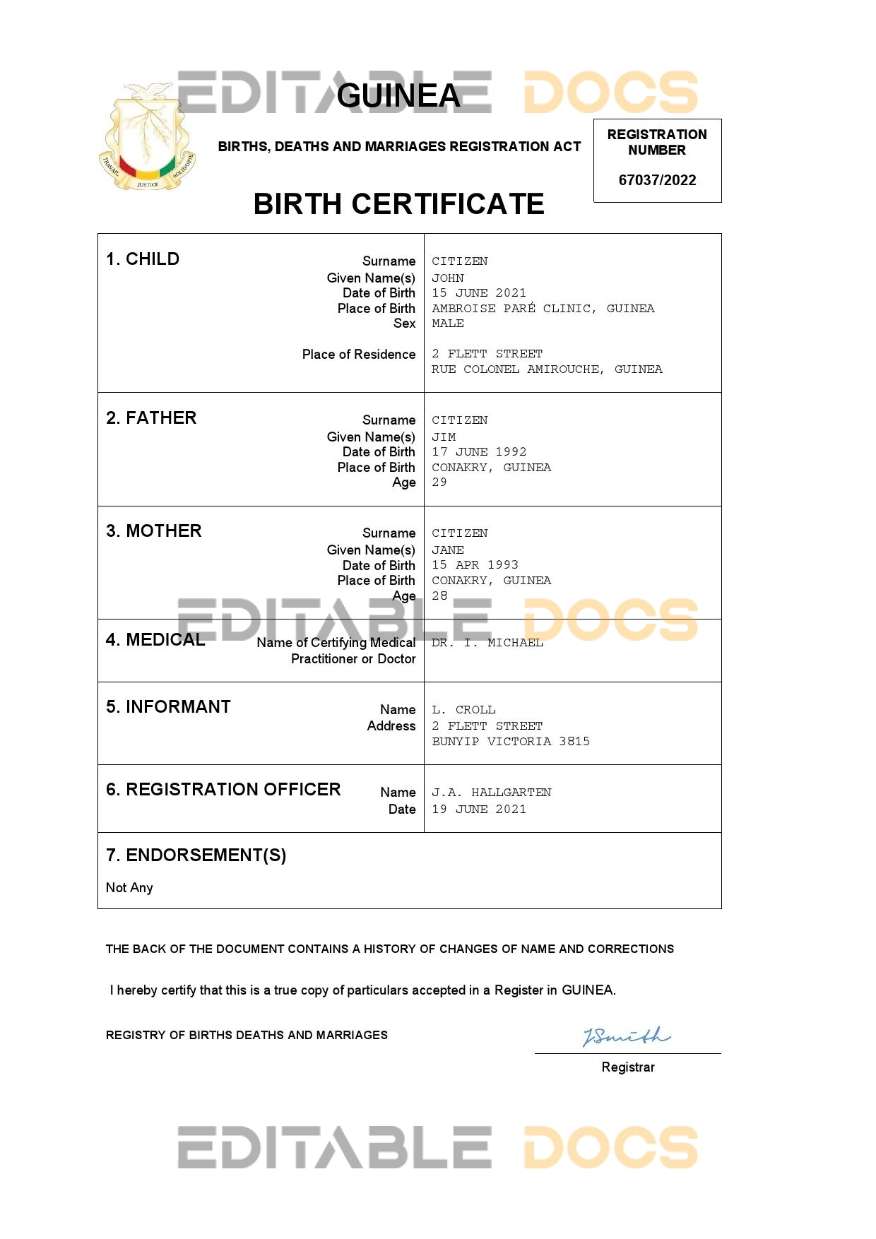 Authentic Guinea vital record Birth Certificate Template | Customize and Download Online