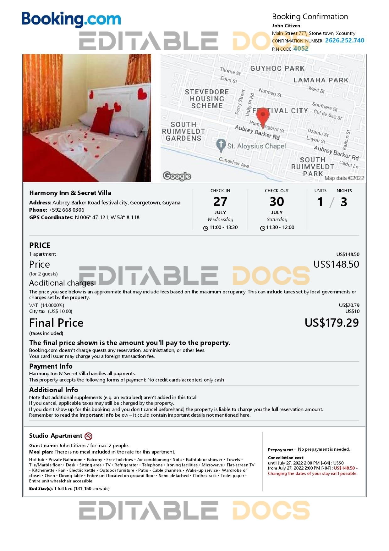 Editable Guyana Hotel Booking Form Template | Fillable PDF