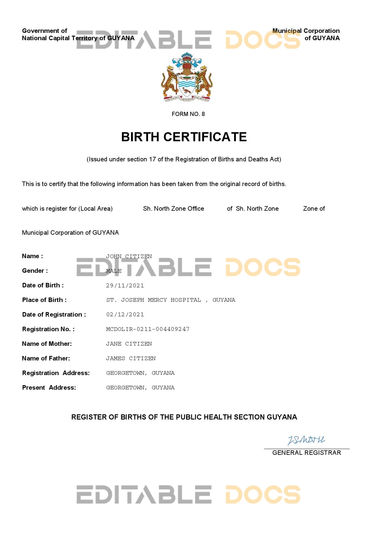 Authentic Guyana Birth Certificate Template | Customize and Download Online