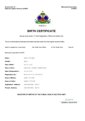 Haiti vital record birth certificate Word and PDF template, completely editable