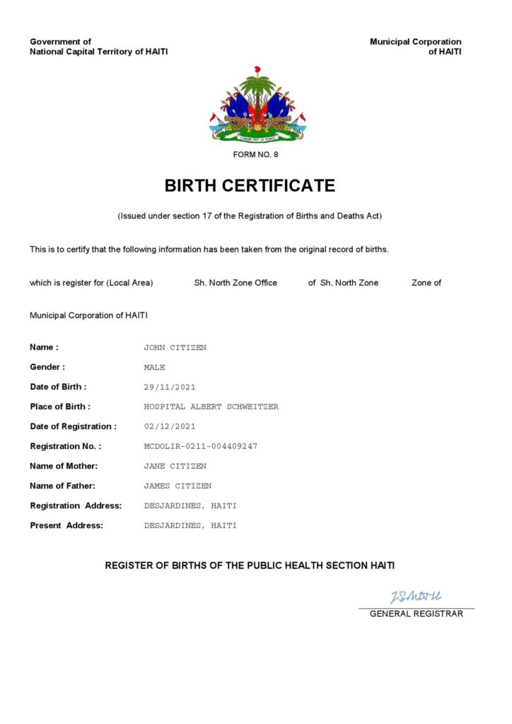 Haiti vital record birth certificate Word and PDF template, completely editable