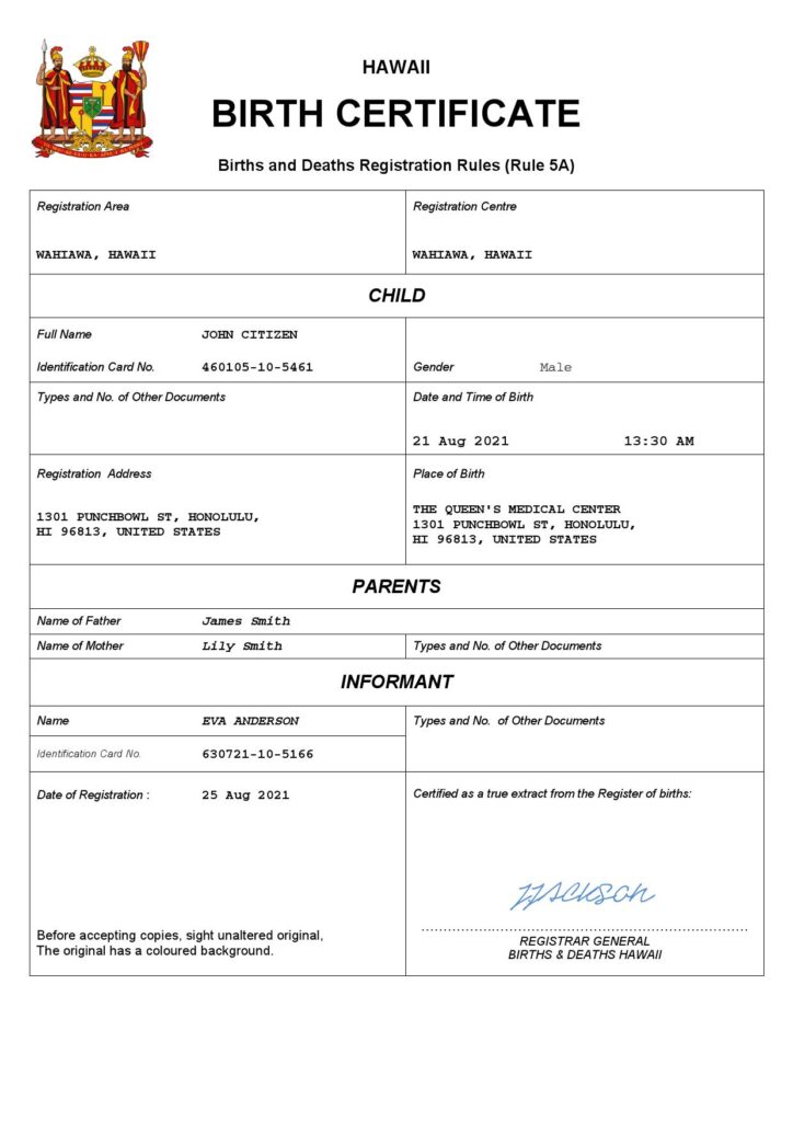 Hawaii birth certificate Word and PDF template, completely editable