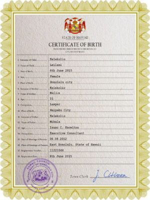 Authentic Hawaii Birth Certificate Template | Customize and Download Online
