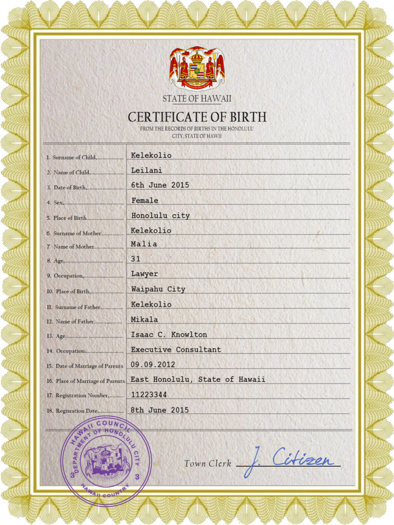 Authentic Hawaii Birth Certificate Template | Customize and Download Online