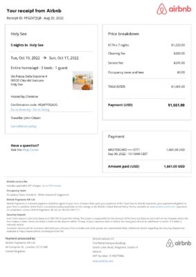 Customizable Holy See Airbnb Reservation Template | Word & PDF Formats