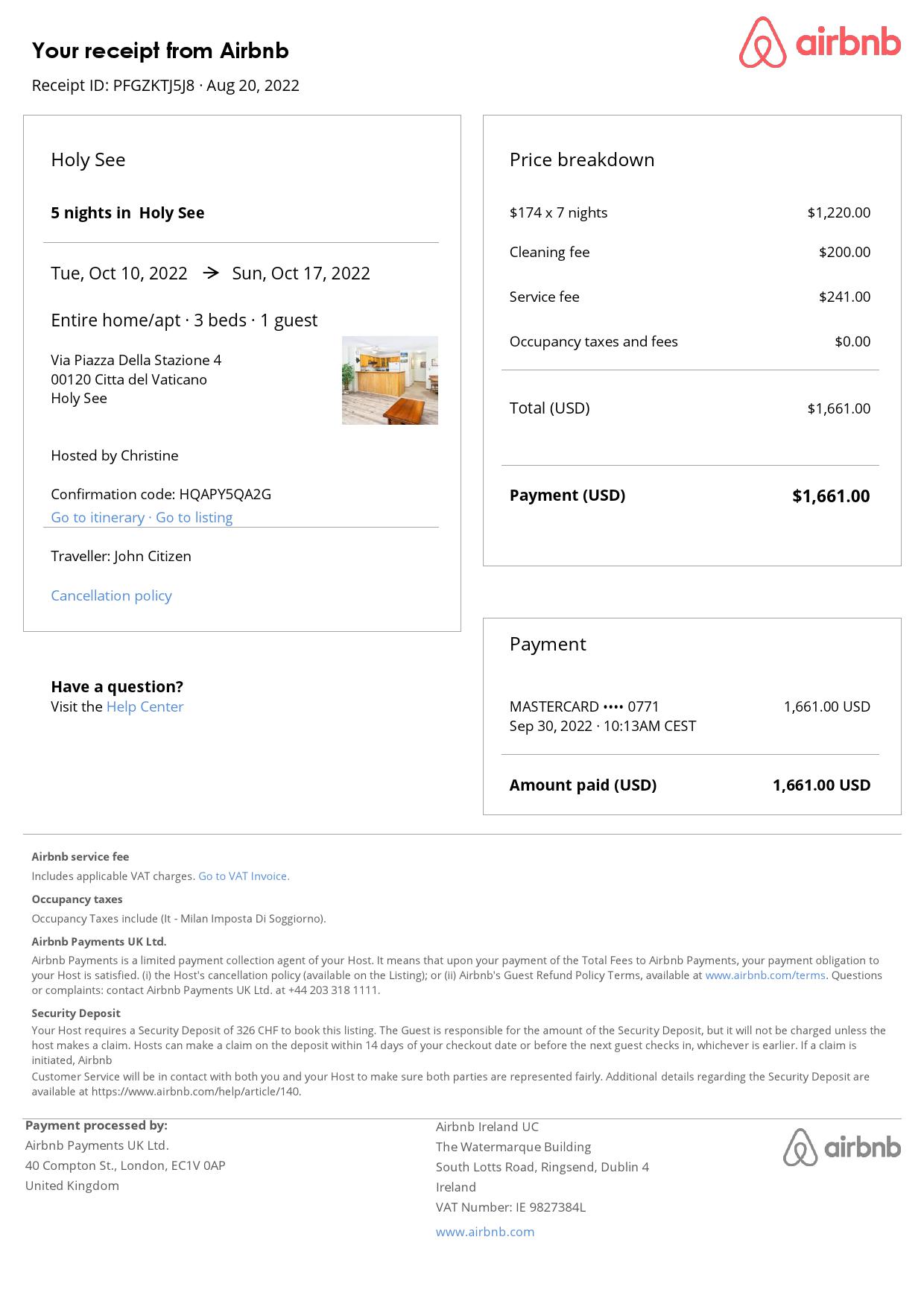 Customizable Holy See Airbnb Reservation Template | Word & PDF Formats