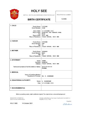 Holy See vital record birth certificate Word and PDF template, completely editable