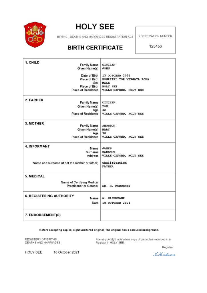 Holy See vital record birth certificate Word and PDF template, completely editable