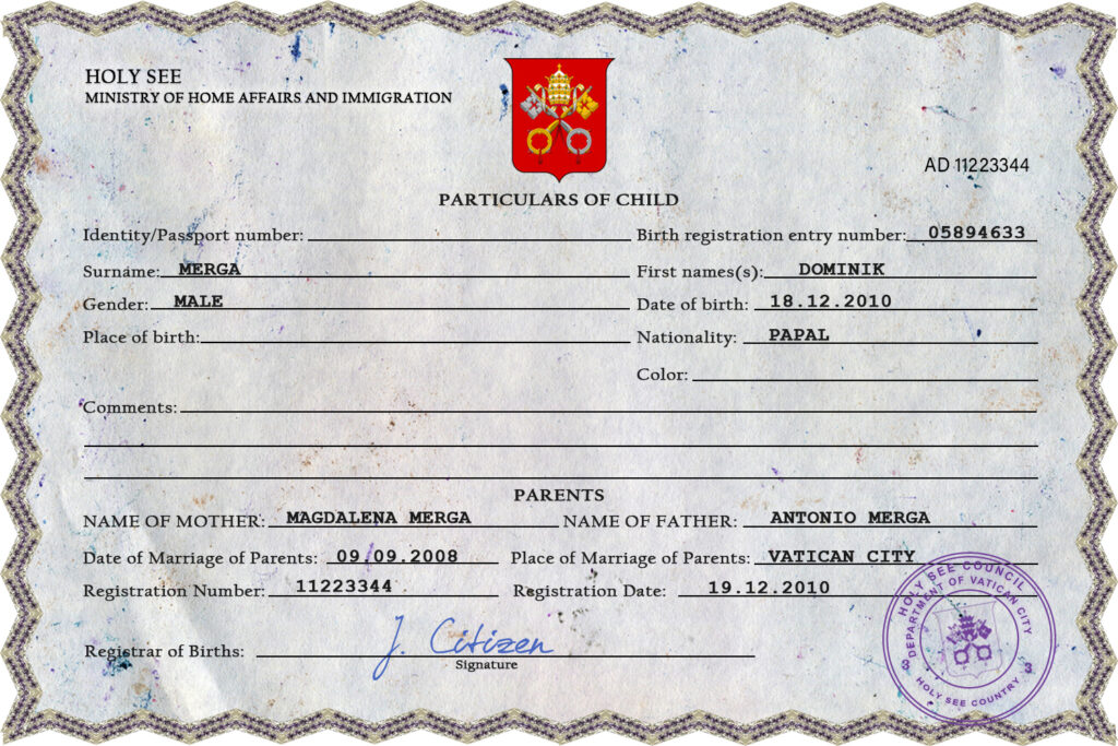 Authentic Holy See Birth Certificate Template | Customize and Download Online