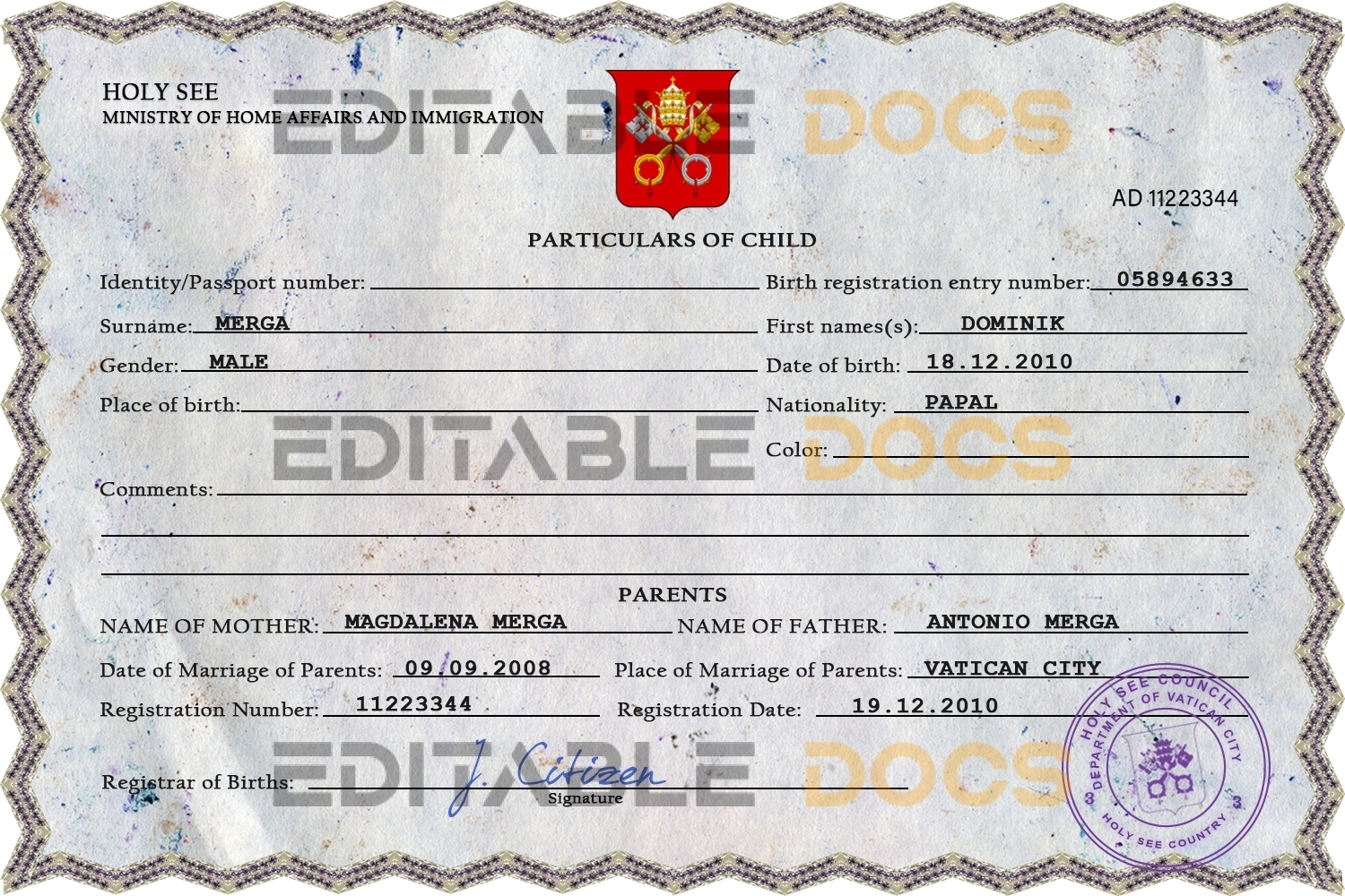 Authentic Holy See Birth Certificate Template | Customize and Download Online