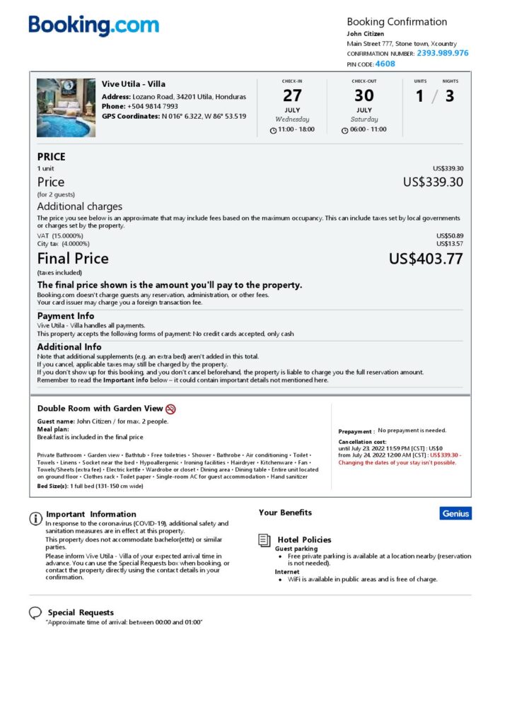 Editable Honduras Hotel Booking Form Template | Fillable PDF