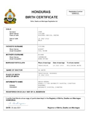 Honduras birth certificate Word and PDF template, completely editable