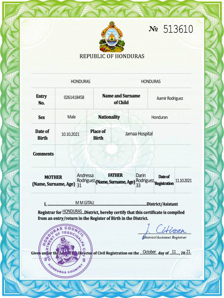 Honduras vital record birth certificate PSD template