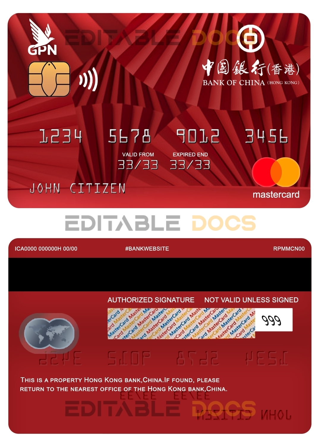 Editable Hong Kong Bank of China mastercard Templates in PSD Format