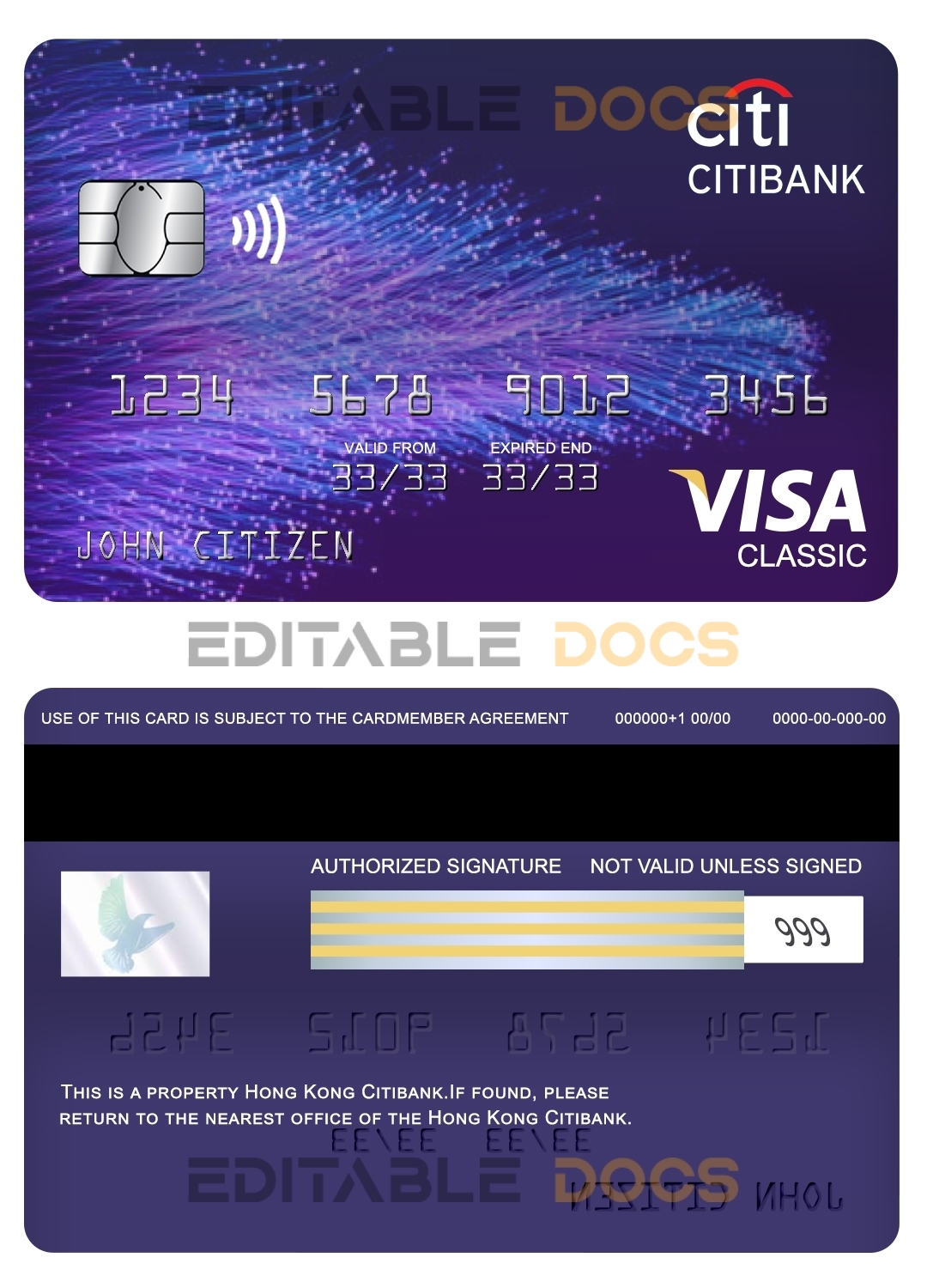 Editable Hong Kong Citibank visa classic card Templates in PSD Format