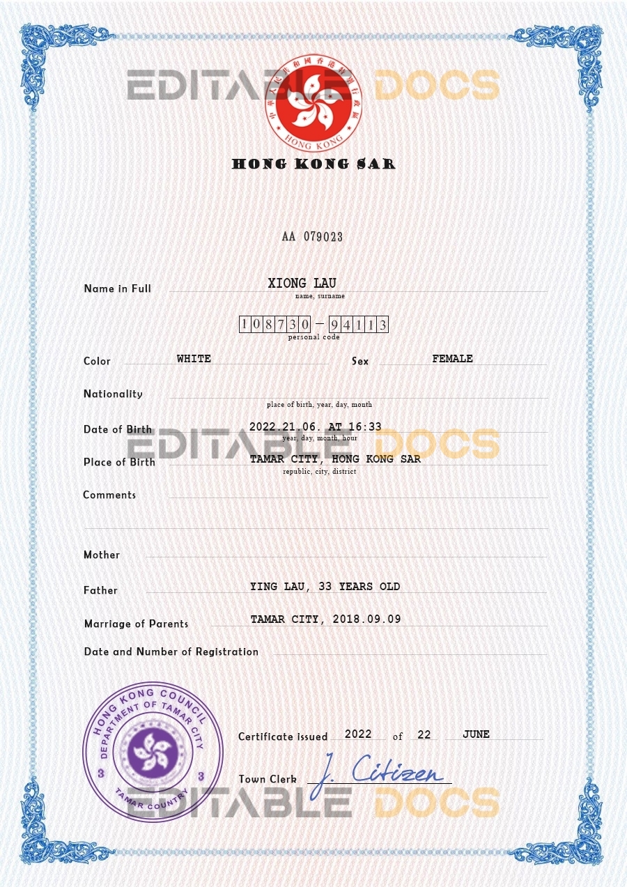 Authentic Hong-Kong Birth Certificate Template | Customize and Download Online