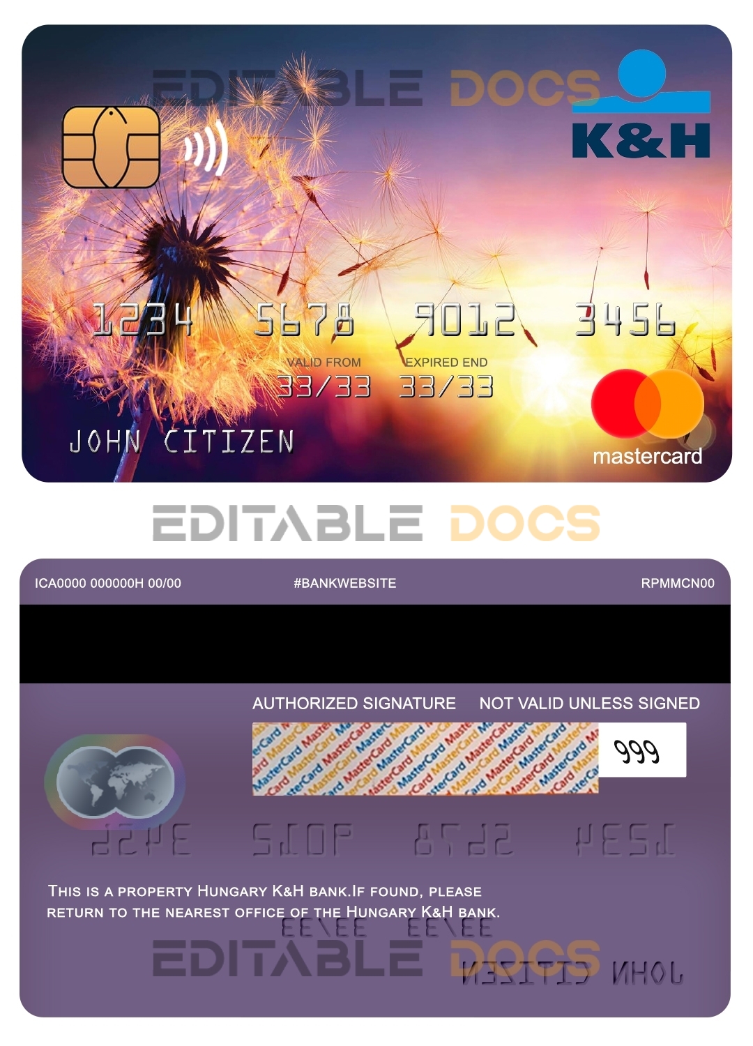 Fillable Hungary K&H bank mastercard Templates | Layer-Based PSD