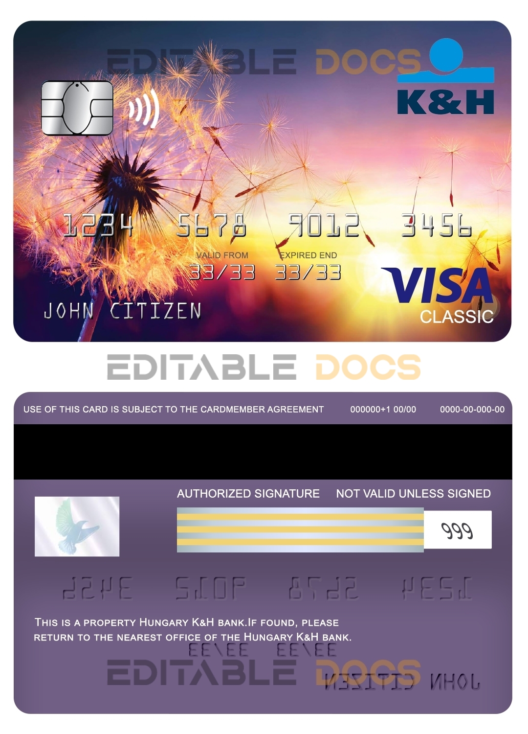 Editable Hungary K&H bank visa classic card Templates in PSD Format