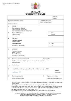 Hungary vital record birth certificate Word and PDF template, completely editable