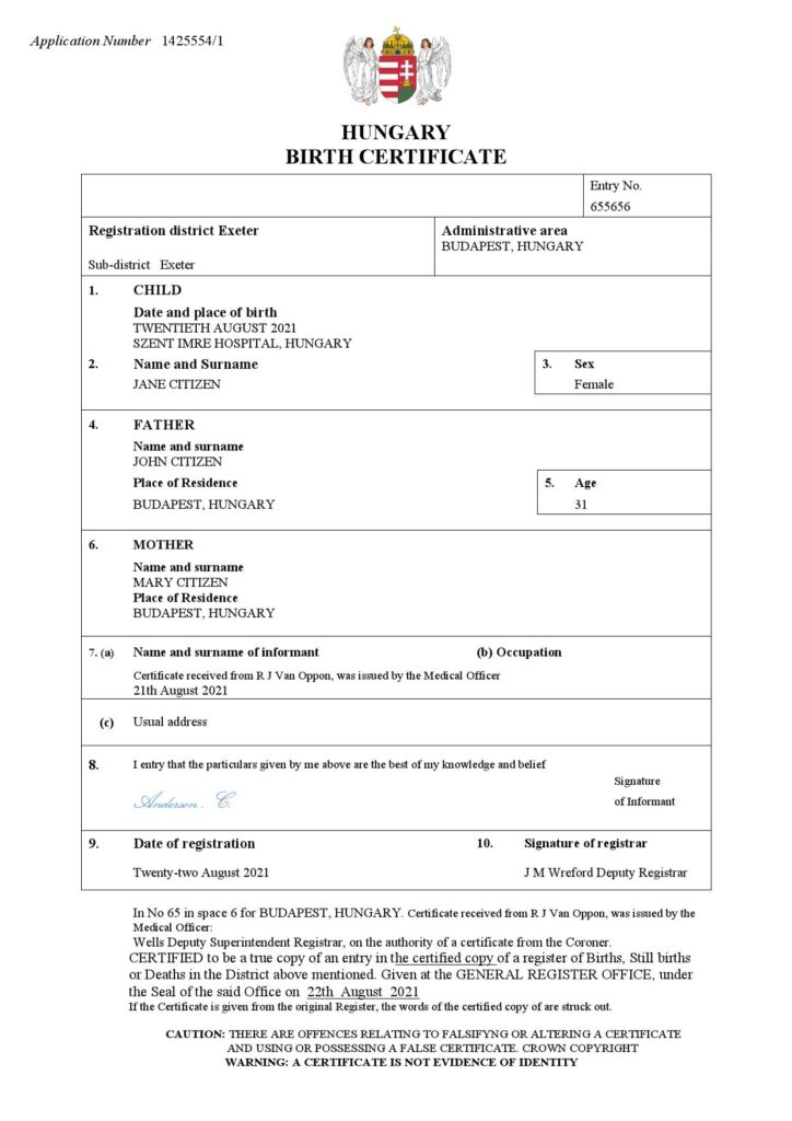 Hungary vital record birth certificate Word and PDF template, completely editable