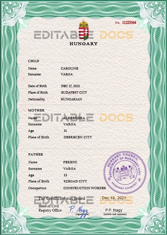 Authentic Hungary Birth Certificate Template | Customize and Download Online