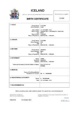 Iceland birth certificate Word and PDF template, completely editable