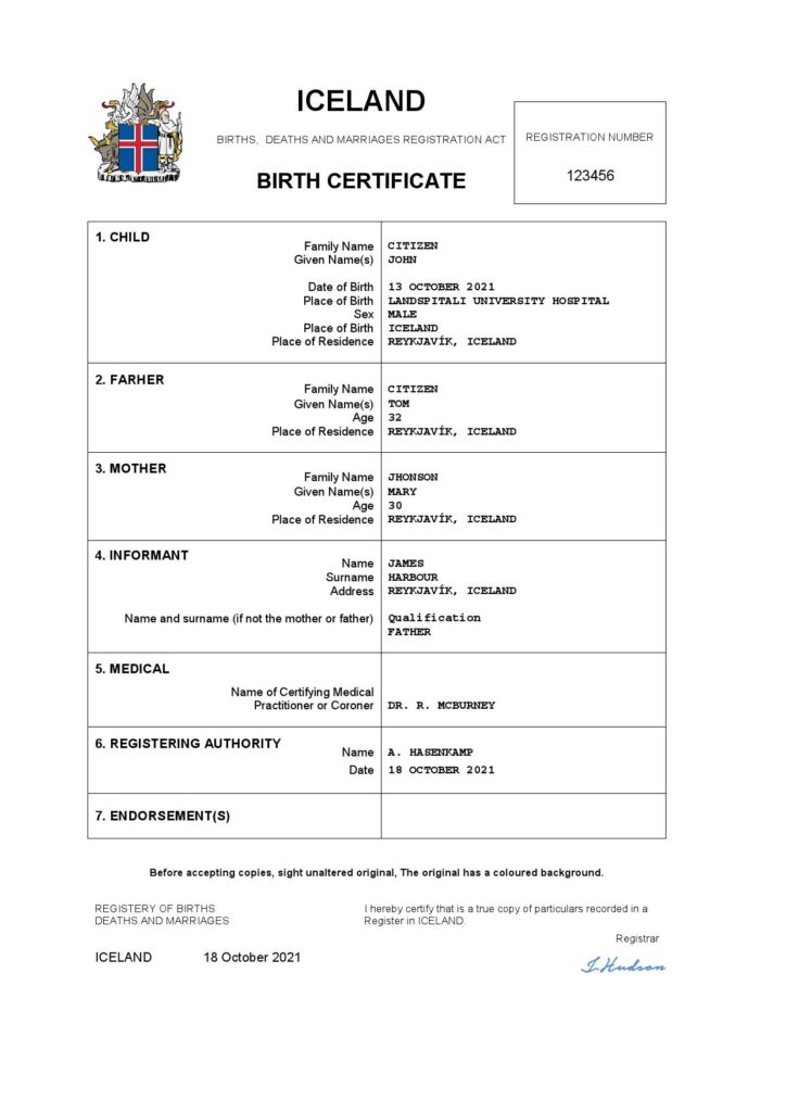 Iceland birth certificate Word and PDF template, completely editable