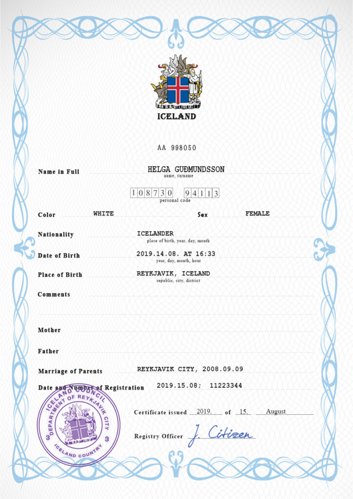 Iceland vital record birth certificate PSD template, fully editable