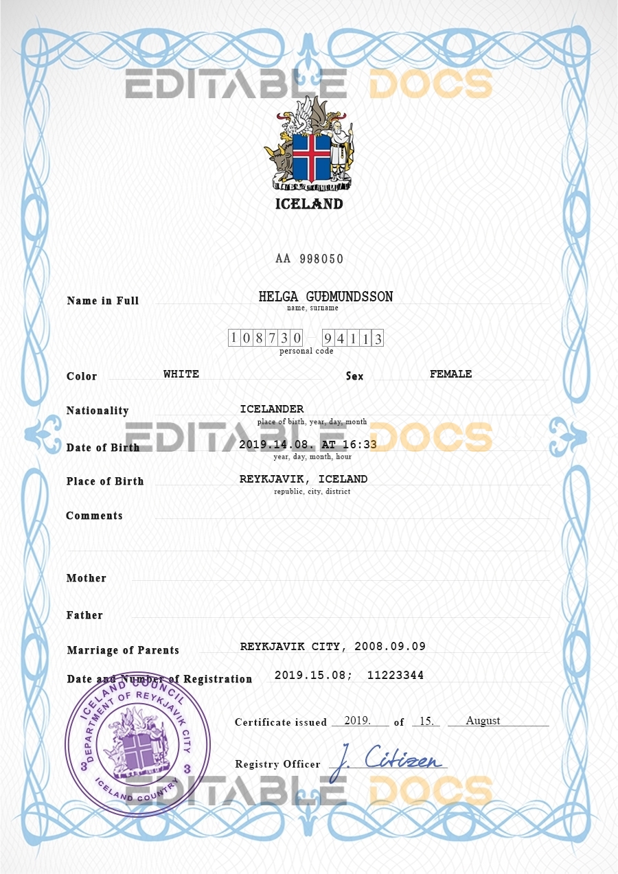 Authentic Iceland Birth Certificate Template | Customize and Download Online