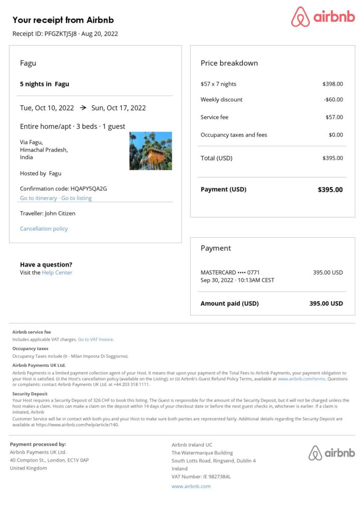Customizable India Airbnb Reservation Template | Word & PDF Formats