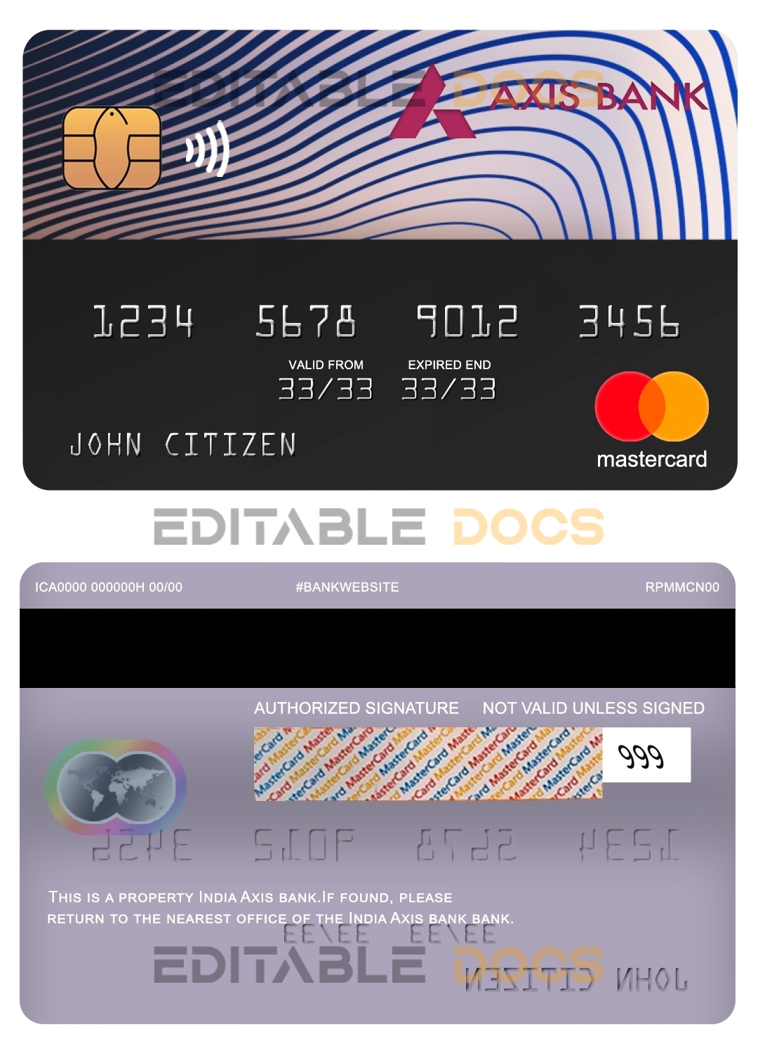 Fillable India Axis bank mastercard Templates | Layer-Based PSD