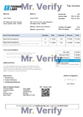 High-Quality India Foobar Labs Information Technology Company Invoice Template PDF | Fully Editable