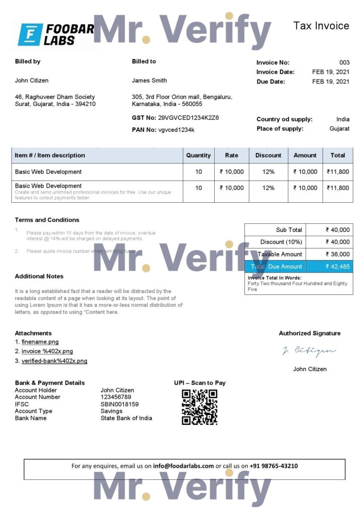High-Quality India Foobar Labs Information Technology Company Invoice Template PDF | Fully Editable
