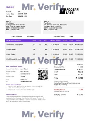 High-Quality India Foobar Labs Information Technology Company Invoice Template PDF | Fully Editable