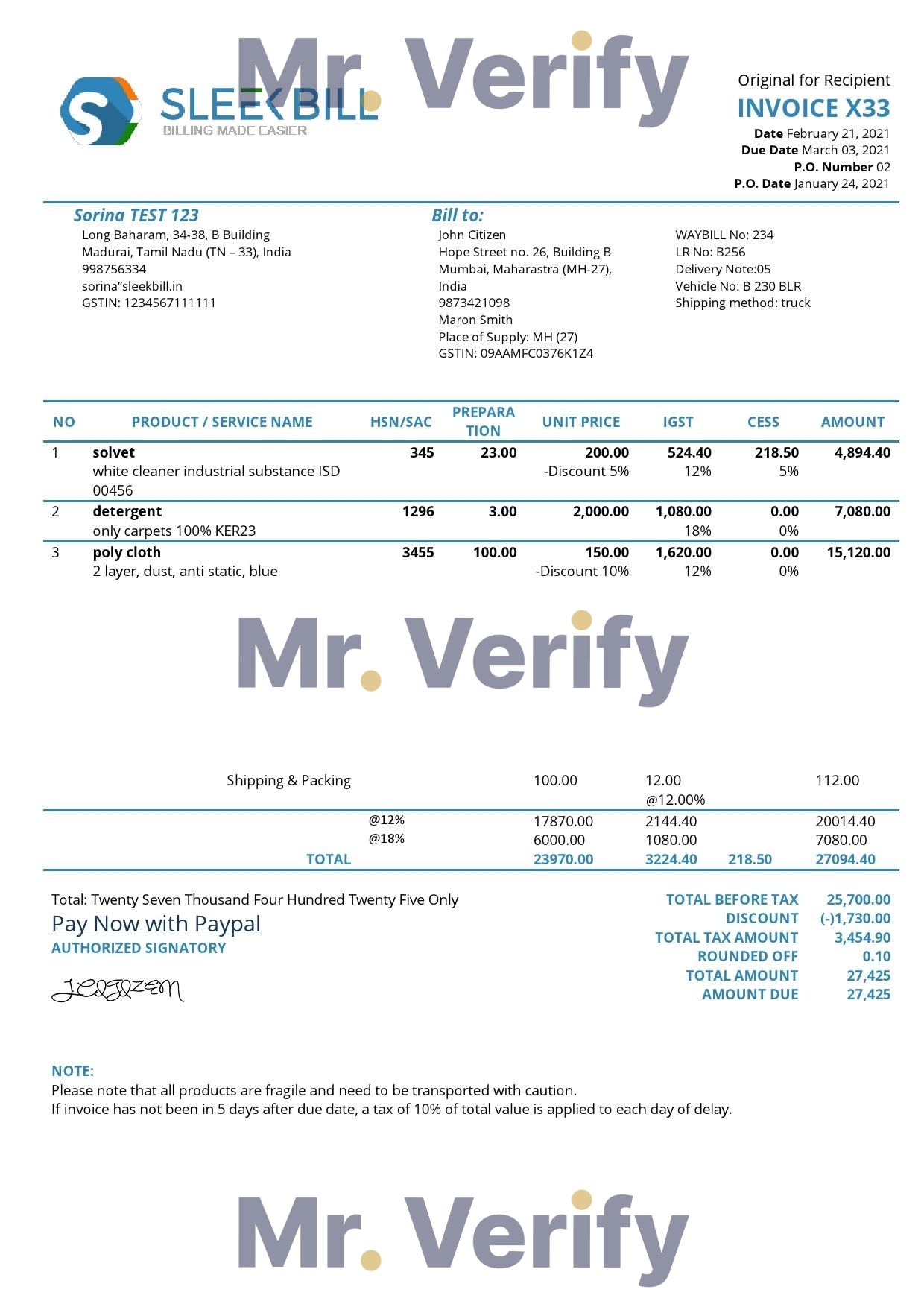 High-Quality India Sleek Bill Invoice Template PDF | Fully Editable