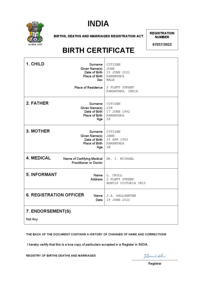 India vital record birth certificate Word and PDF template, completely editable