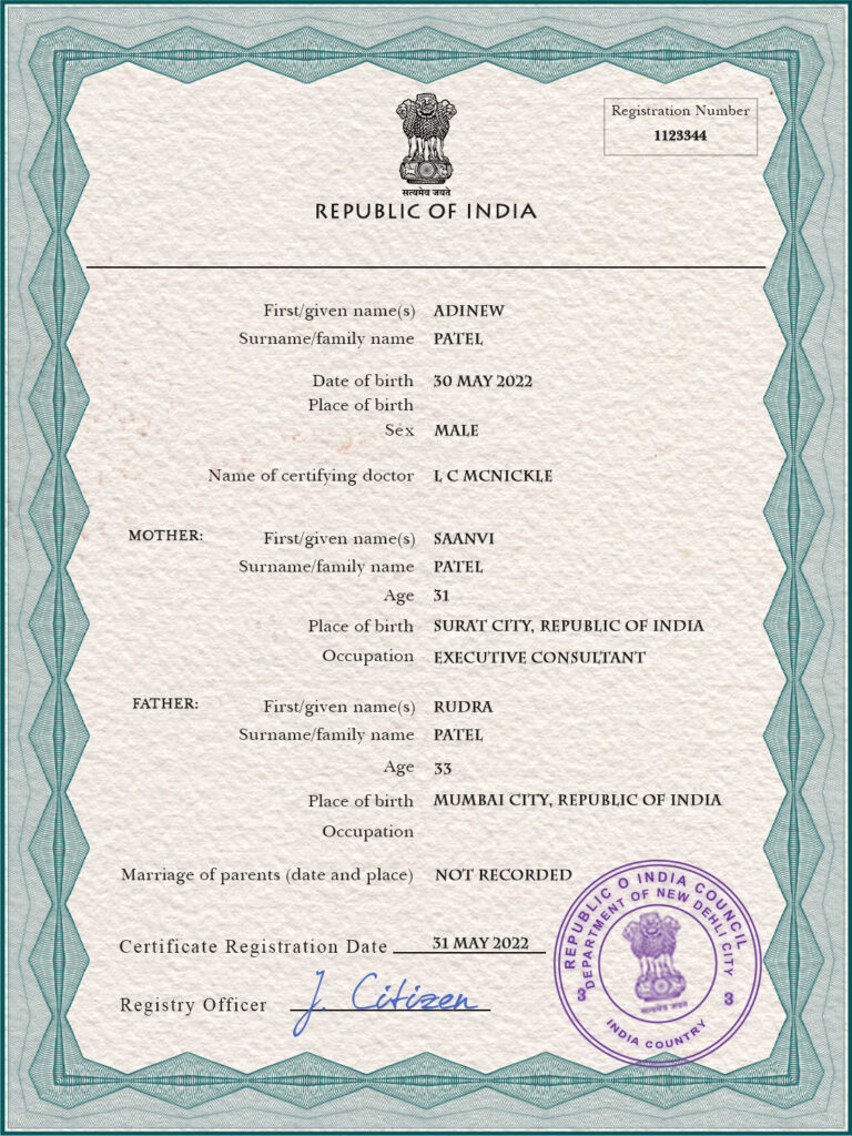 Authentic India Birth Certificate Template | Customize and Download Online