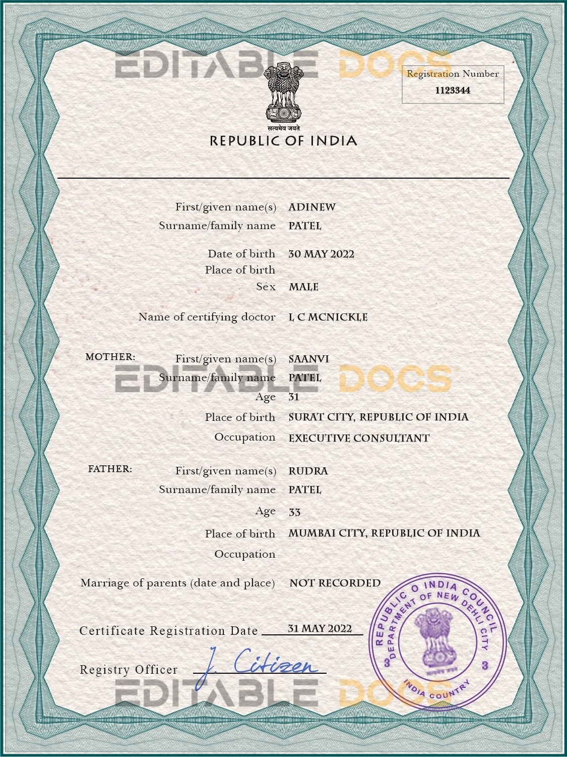 Authentic India Birth Certificate Template | Customize and Download Online