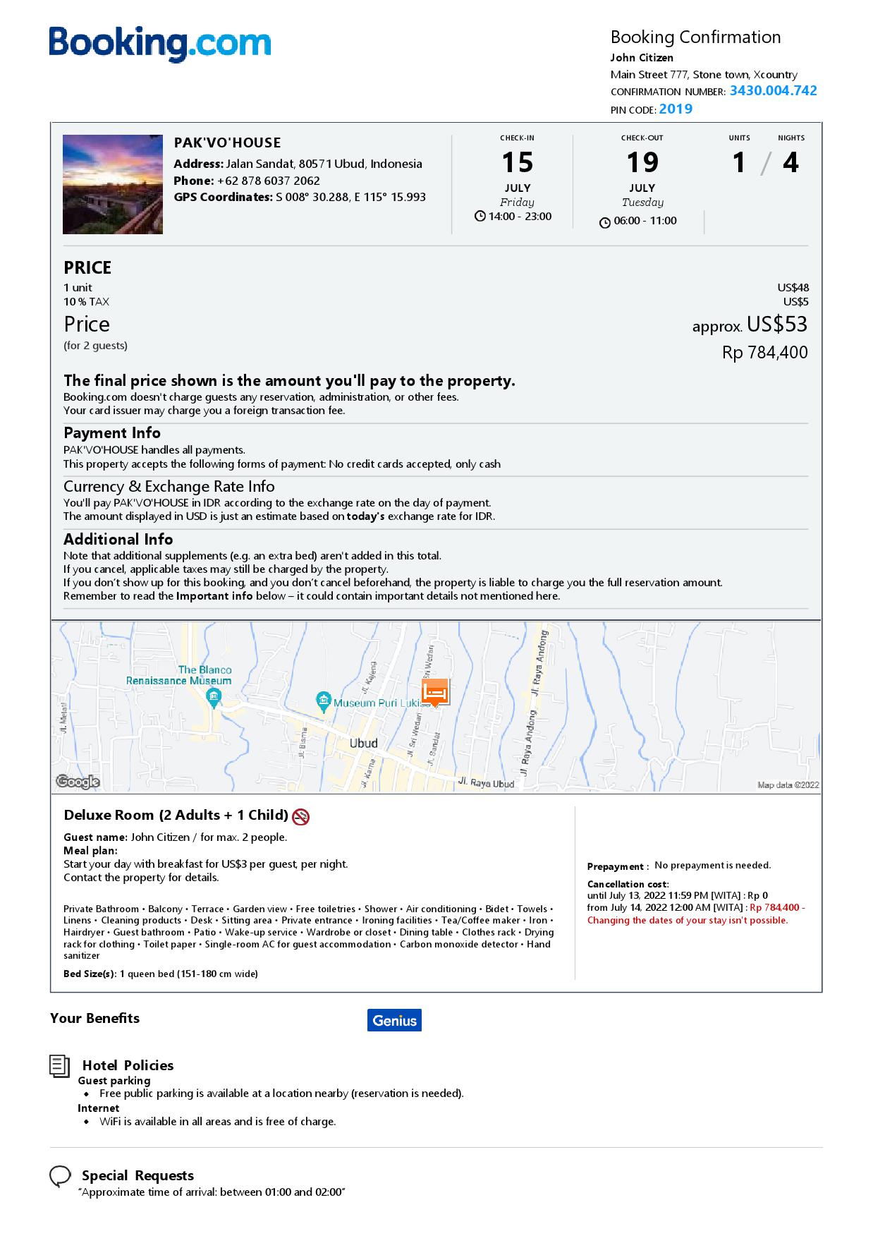 Editable Indonesia Hotel Booking Form Template | Fillable PDF
