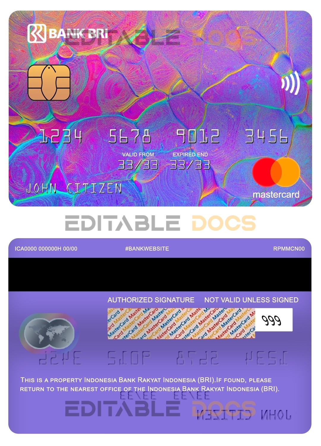 Fillable Indonesia bank Rakyat Indonesia (BRI) bank mastercard Templates | Layer-Based PSD